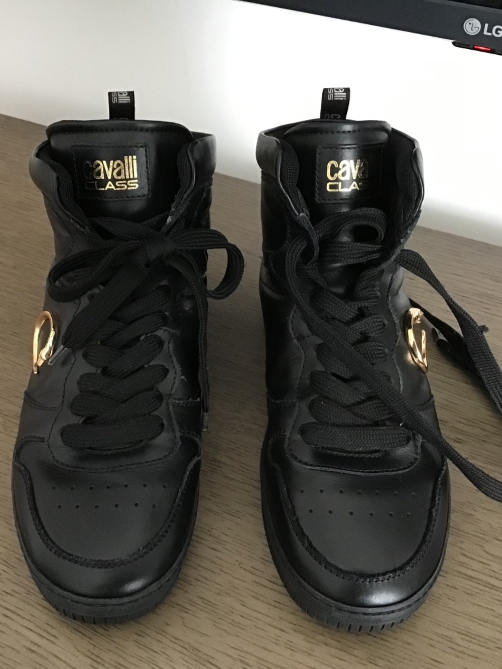 Cavalli Class Black Leather High Top Sneakers Gold Accent, size 38,5.